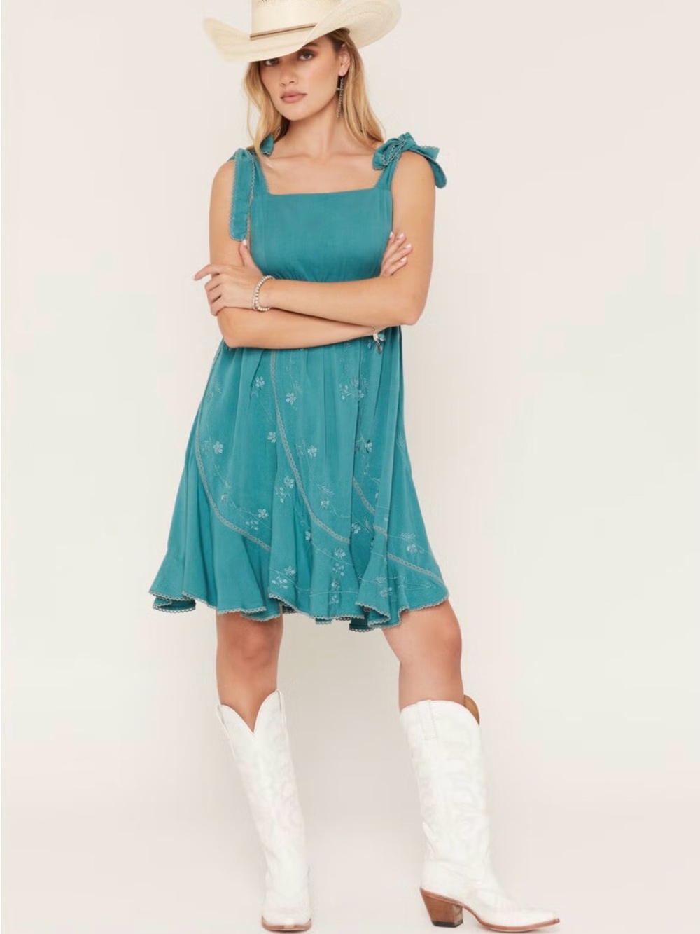 Wild Moss Women’s Tie Strap Embroidered Mini Dress